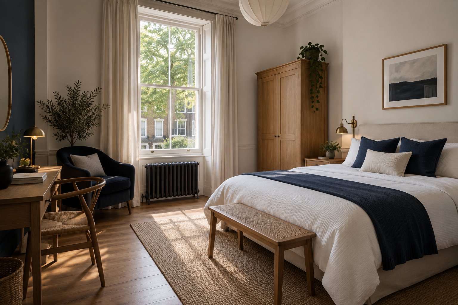 Bright furnished bedroom with London townhouse details