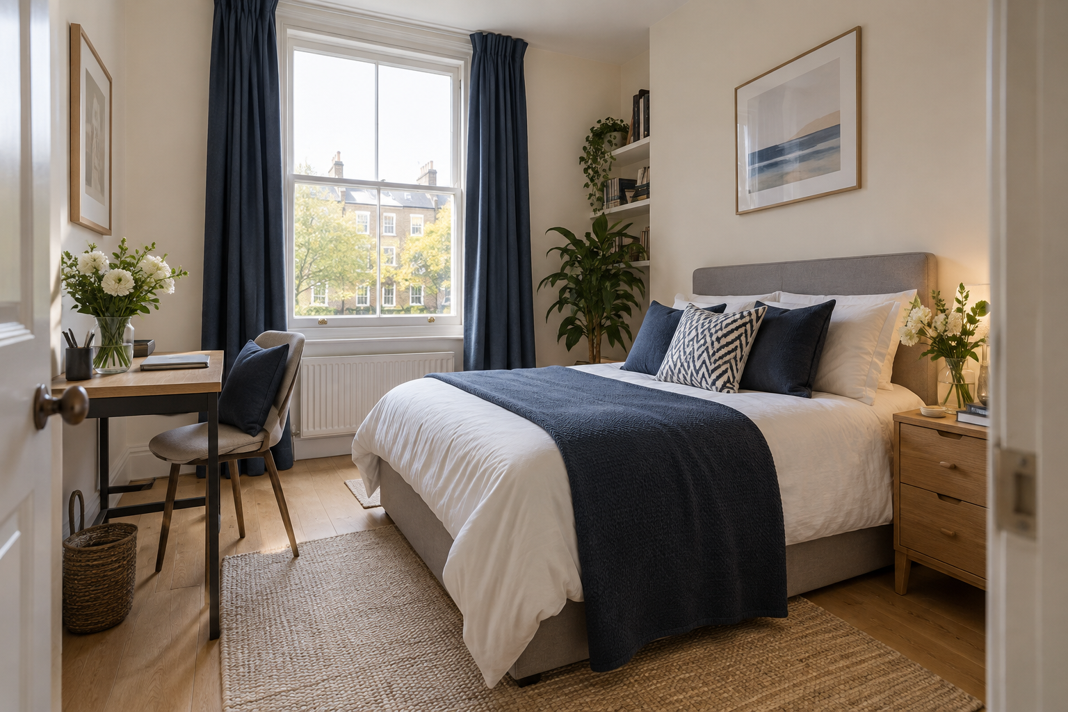 Furnished private bedroom with desk and natural light