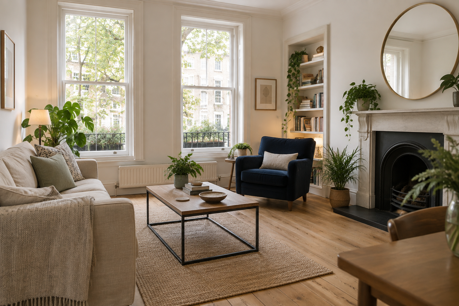 Light filled shared lounge with sofa, armchair and fireplace